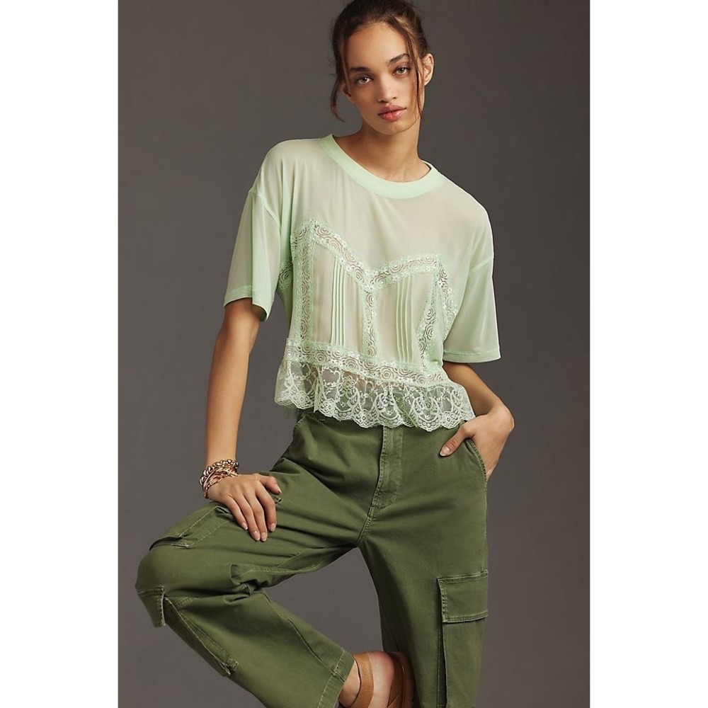 Dolan Left Coast Collection Mint Green Mesh Lace Pintuck Top L #174258